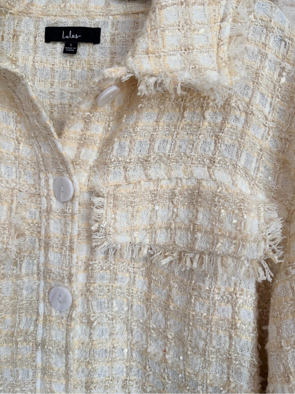 Lulus Take Notes Ivory Plaid Tweed Fringe Shacket Jacket L - Picture 2 of 11
